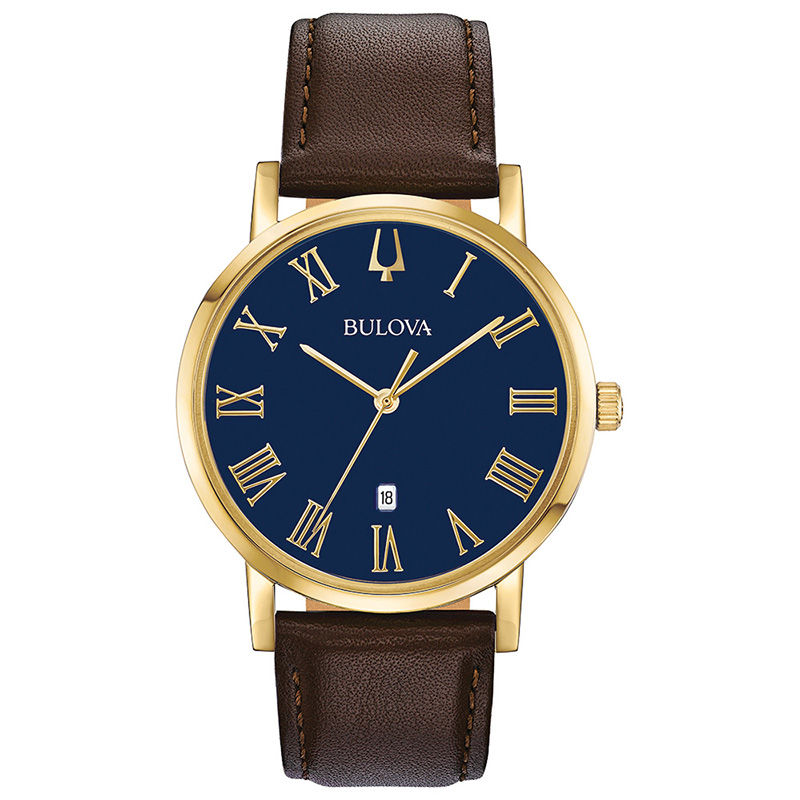 Men's Bulova Classic Gold-Tone Strap Watch with Blue Dial (Model: 97B177)