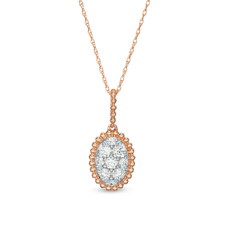 Main Image 1 of 3/8 CT. T.W. Composite Diamond Oval Beaded Frame Pendant in 10K Rose Gold