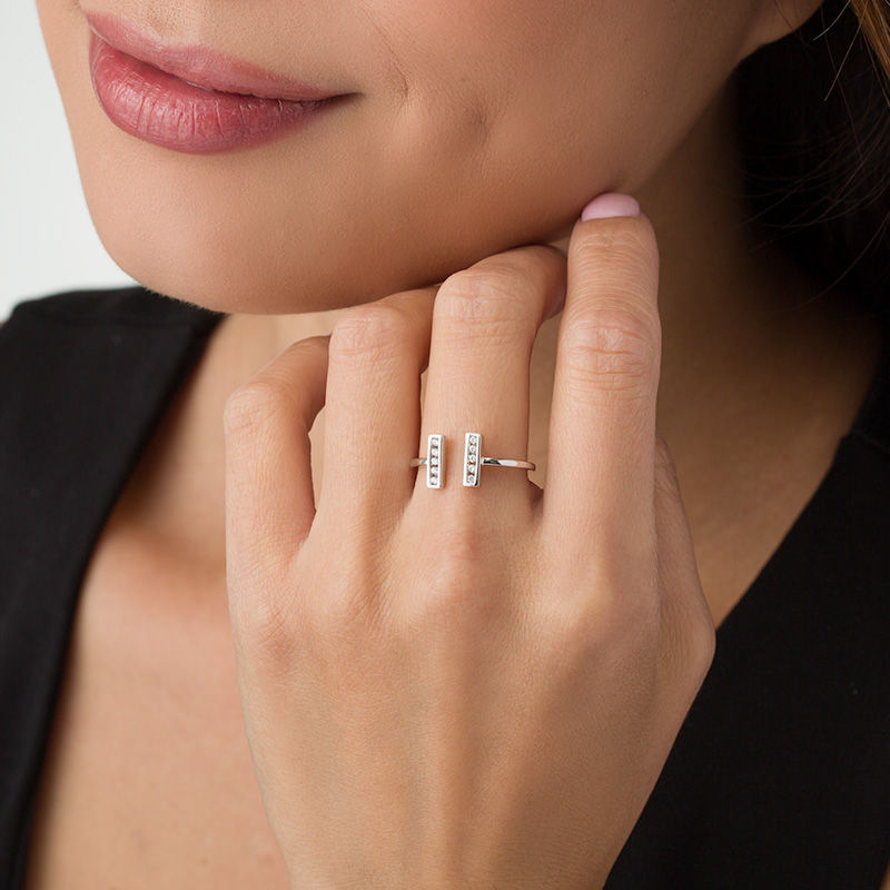 Main Image 3 of 1/8 CT. T.W. Diamond Double Vertical Bar Open Ring in 10K White Gold