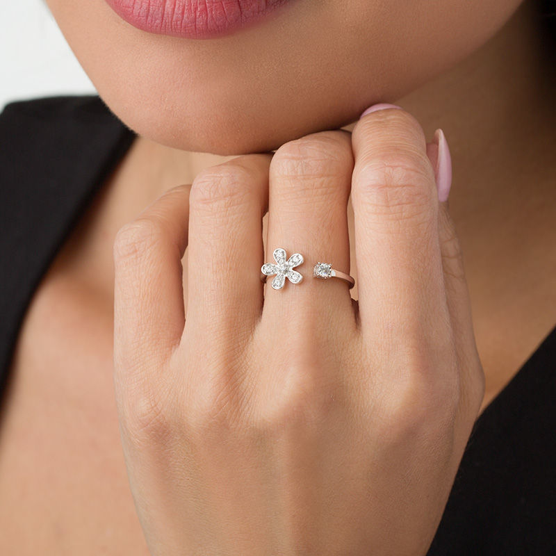 Main Image 3 of 1/6 CT. T.W. Diamond Flower Open Ring in 10K White Gold