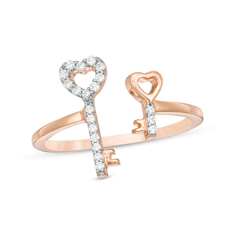 Main Image 1 of 1/10 CT. T.W. Diamond Double Heart-Top Key Open Ring in 10K Rose Gold
