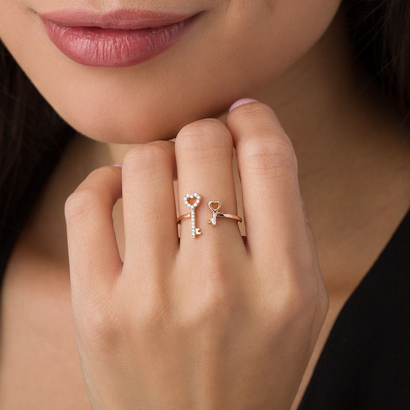 Main Image 3 of 1/10 CT. T.W. Diamond Double Heart-Top Key Open Ring in 10K Rose Gold