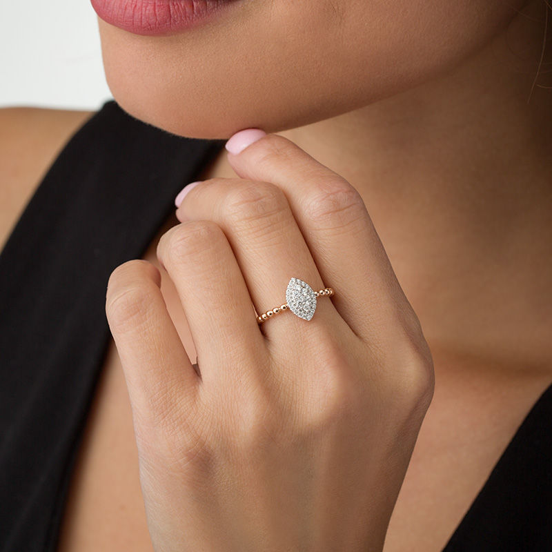 Main Image 3 of 1/5 CT. T.W. Composite Diamond Marquise Frame Beaded Shank Ring in 10K Rose Gold
