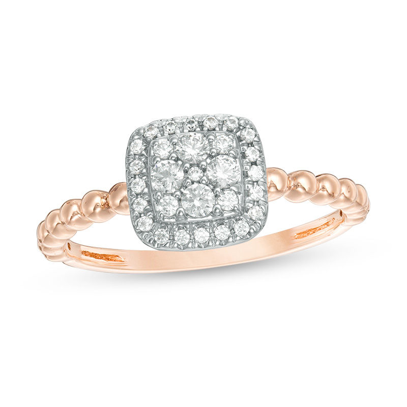 Main Image 1 of 1/4 CT. T.W. Composite Diamond Cushion Frame Beaded Shank Ring in 10K Rose Gold