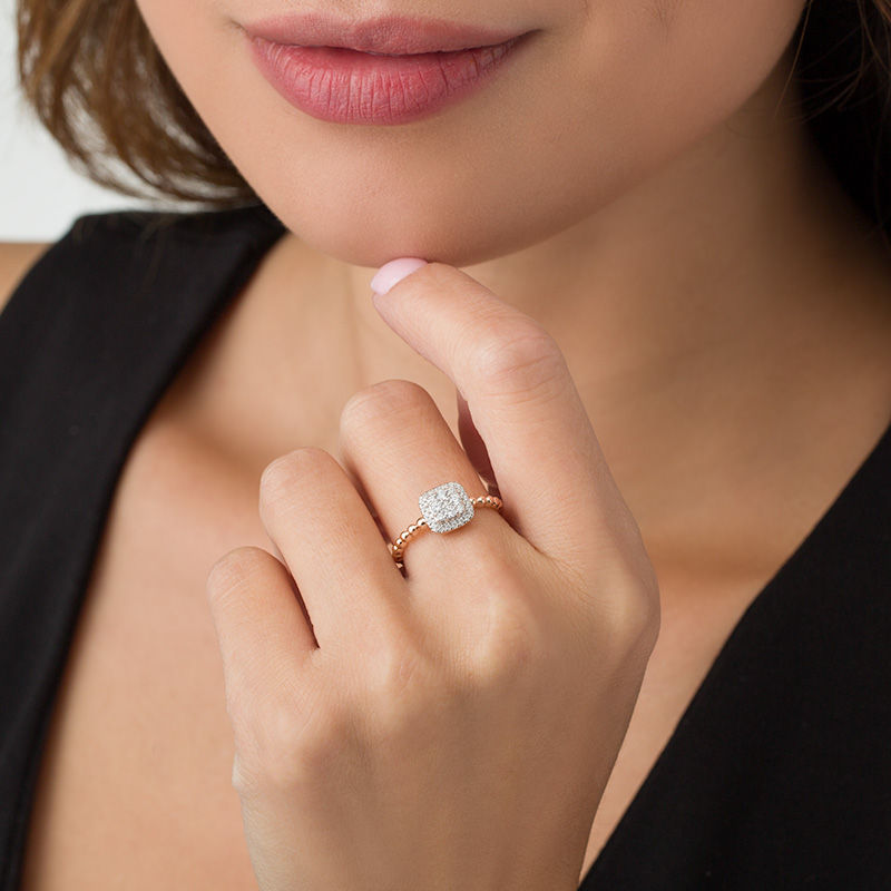 Main Image 3 of 1/4 CT. T.W. Composite Diamond Cushion Frame Beaded Shank Ring in 10K Rose Gold