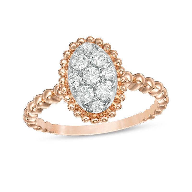 Main Image 1 of 3/8 CT. T.W. Composite Diamond Oval Frame Beaded Shank Ring in 10K Rose Gold