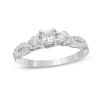 3 8 Ct T W Princess Cut Diamond Three Stone Crossover Shank Engagement Ring In 10k White Gold Zales