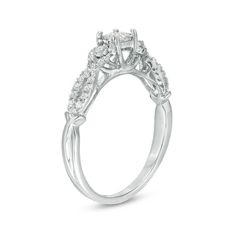 3/8 CT. T.W. Princess-Cut Diamond Three Stone Crossover Shank Engagement Ring in 10K White Gold
