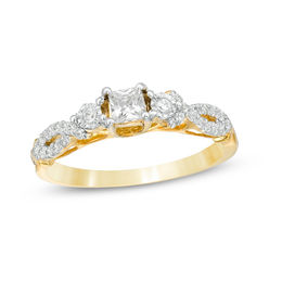 3/8 CT. T.W. Princess-Cut Diamond Three Stone Crossover Shank Engagement Ring in 10K Gold