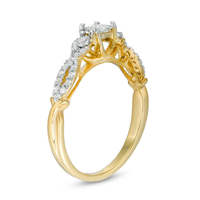 Main Image 2 of 3/8 CT. T.W. Princess-Cut Diamond Three Stone Crossover Shank Engagement Ring in 10K Gold
