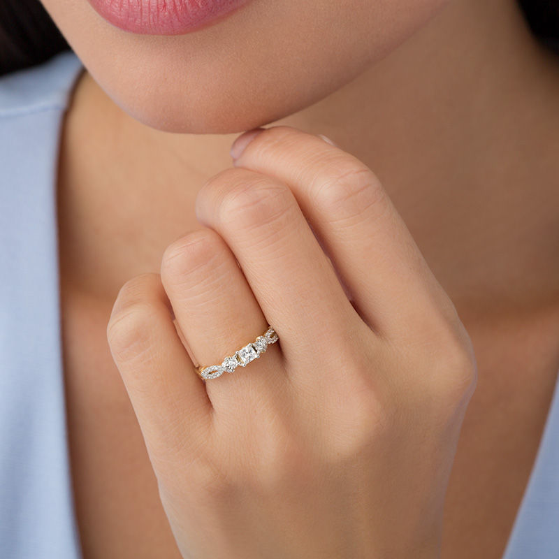 Main Image 3 of 3/8 CT. T.W. Princess-Cut Diamond Three Stone Crossover Shank Engagement Ring in 10K Gold
