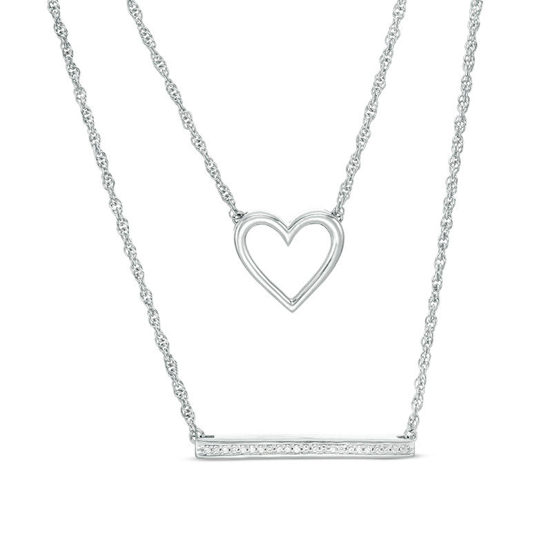 Main Image 1 of 1/15 CT. T.W. Diamond Heart Outline and Bar Double Strand Necklace in Sterling Silver - 20"