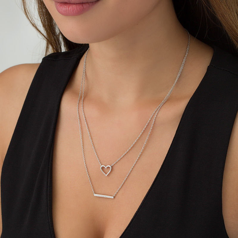 Main Image 2 of 1/15 CT. T.W. Diamond Heart Outline and Bar Double Strand Necklace in Sterling Silver - 20"