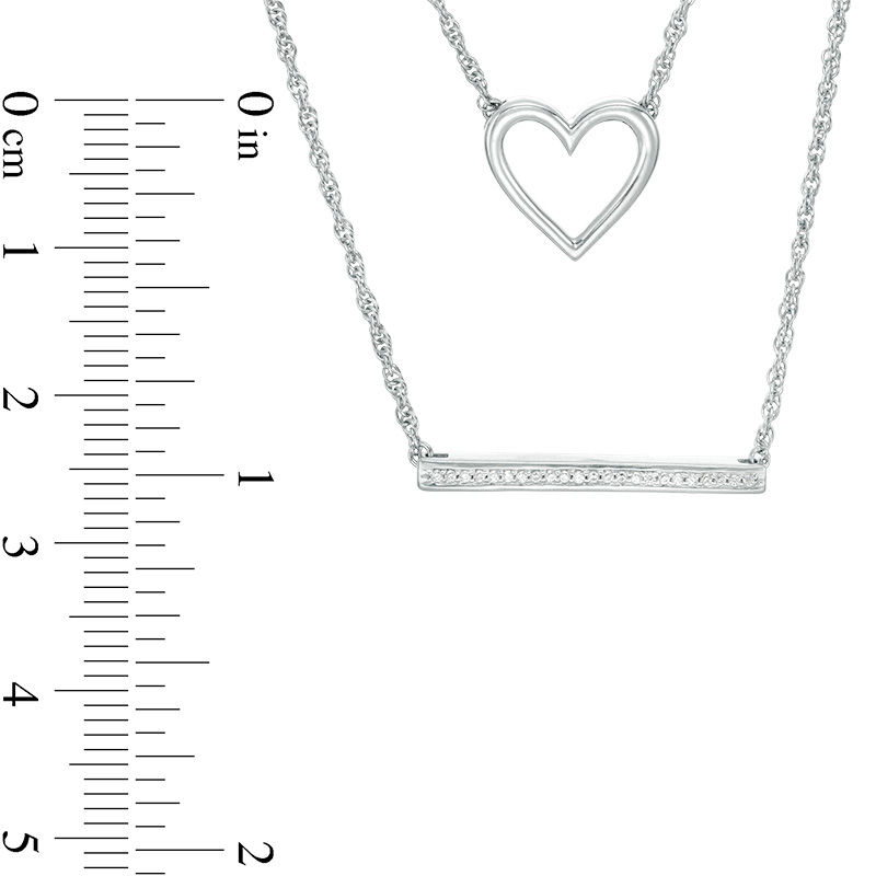 Main Image 3 of 1/15 CT. T.W. Diamond Heart Outline and Bar Double Strand Necklace in Sterling Silver - 20"