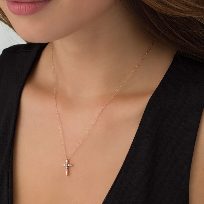 Main Image 2 of 1/8 CT. T.W. Diamond Cross Pendant in 10K Rose Gold