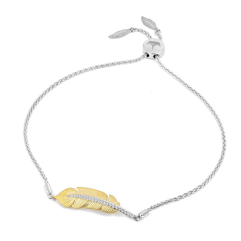 Enchanted Disney Pocahontas 1/10 CT. T.W. Diamond Feather Bolo Bracelet in Sterling Silver and 10K Gold - 9.75"