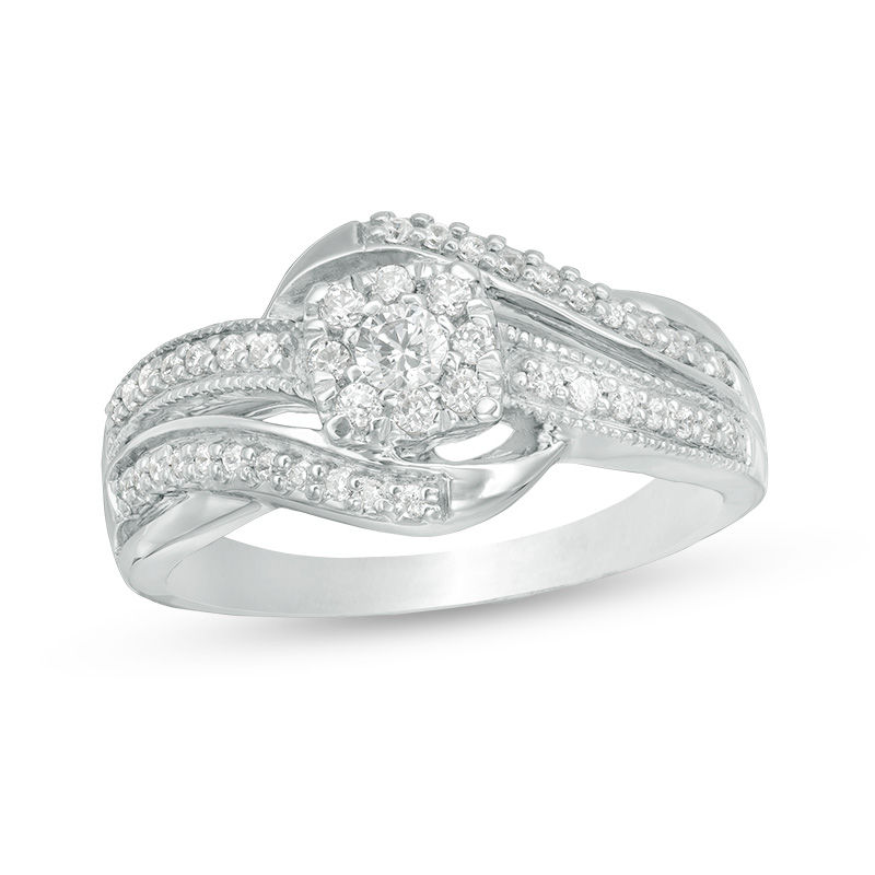 1/3 CT. T.W. Diamond Frame Vintage-Style Bypass Ring in 10K White Gold