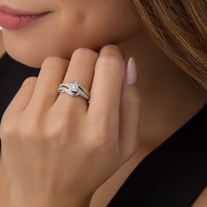 1/3 CT. T.W. Diamond Frame Vintage-Style Bypass Ring in 10K White Gold