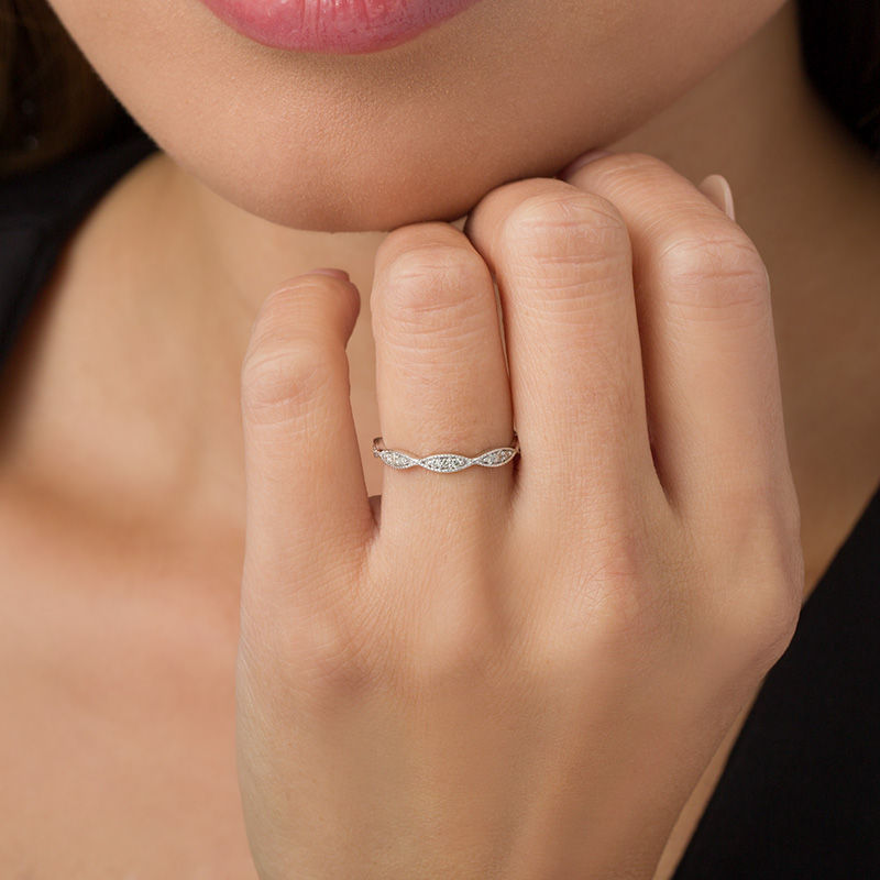 Main Image 3 of 1/10 CT. T.W. Diamond Marquise Twist Vintage-Style Wedding Band in 10K White Gold - Size 7