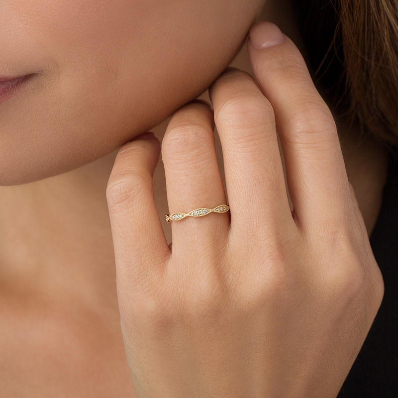 Main Image 3 of 1/10 CT. T.W. Diamond Marquise Twist Vintage-Style Wedding Band in 10K Gold - Size 7