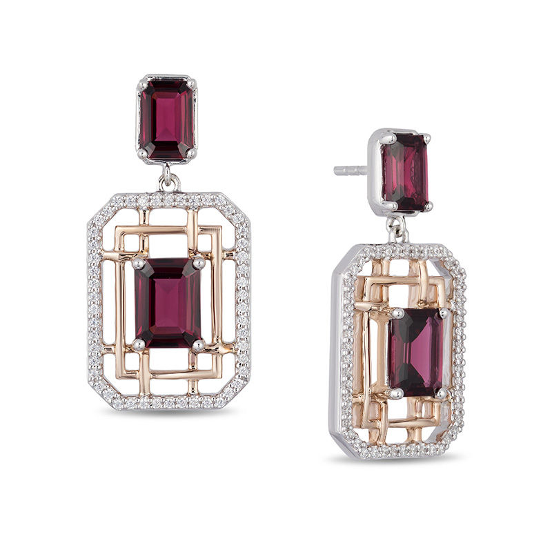 Main Image 1 of Enchanted Disney Mulan Emerald-Cut Garnet and 1/4 CT. T.W. Diamond Drop Earrings in Sterling Silver and 10K Rose Gold