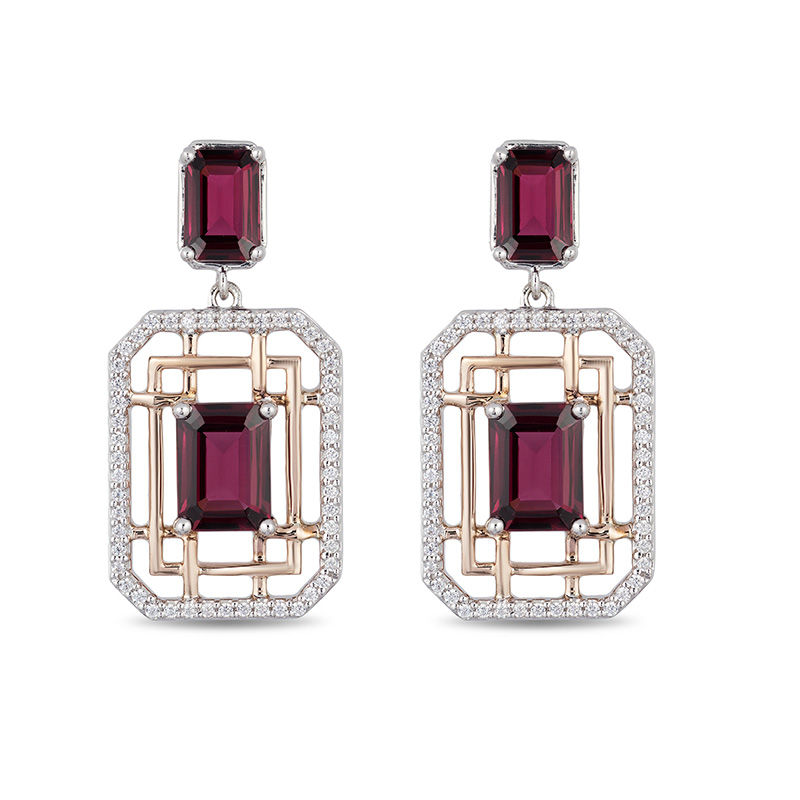 Main Image 2 of Enchanted Disney Mulan Emerald-Cut Garnet and 1/4 CT. T.W. Diamond Drop Earrings in Sterling Silver and 10K Rose Gold