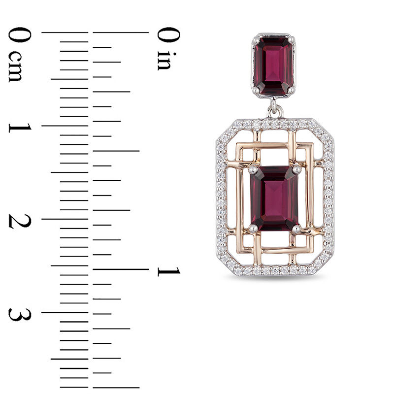 Main Image 3 of Enchanted Disney Mulan Emerald-Cut Garnet and 1/4 CT. T.W. Diamond Drop Earrings in Sterling Silver and 10K Rose Gold