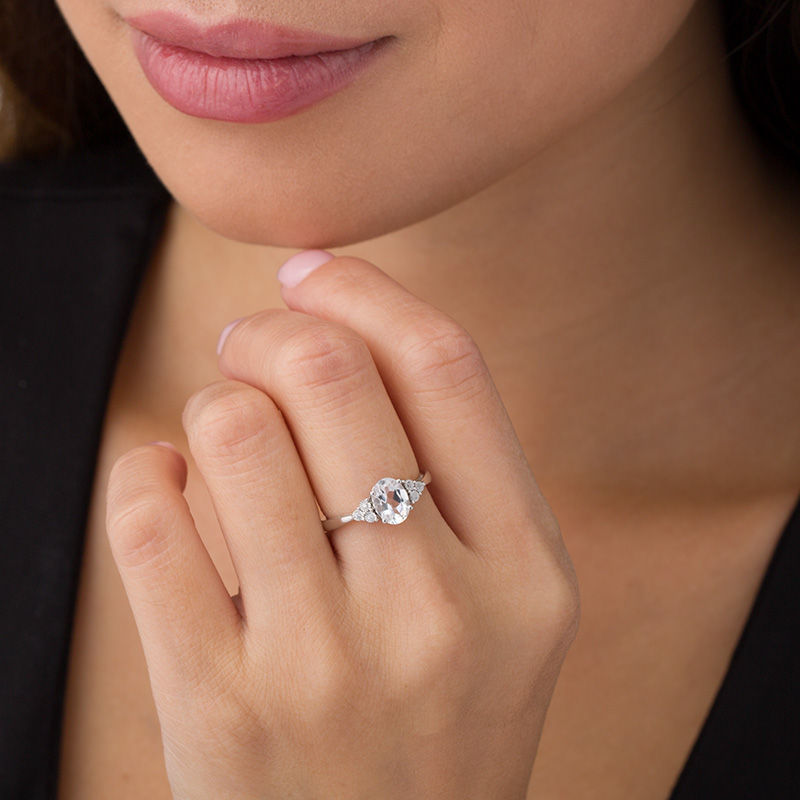Main Image 3 of Oval Lab-Created White Sapphire and Diamond Accent Tri-Sides Ring in Sterling Silver