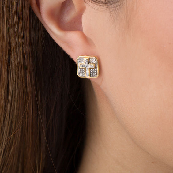 Men's 1/8 CT. T.W. Octagonal Composite Diamond with Cross Stud Earrings in Sterling Silver with 14K Gold Plate Men's 1/8 CT. T.W. Octagonal Composite Diamond with Cross Stud Earrings in Sterling Silver with 14K Gold Plate