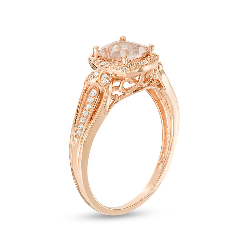 Main Image 2 of Cushion-Cut Morganite and 1/10 CT. T.W. Diamond Beaded Frame Leaf-Sides Loop Shank Engagement Ring in 10K Rose Gold