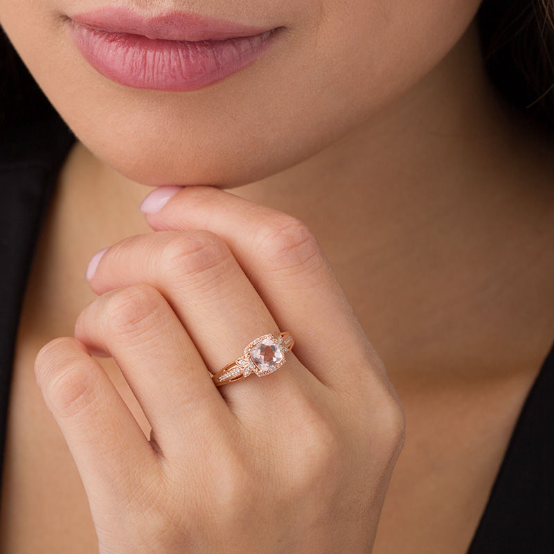 Main Image 3 of Cushion-Cut Morganite and 1/10 CT. T.W. Diamond Beaded Frame Leaf-Sides Loop Shank Engagement Ring in 10K Rose Gold
