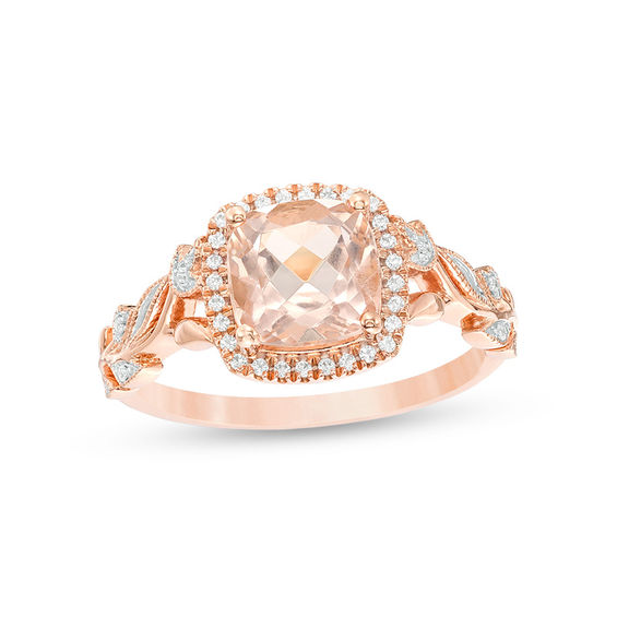 6.0mm Cushion-Cut Morganite and 1/10 CT. T.w. Diamond Frame Leaf Shank Vintage-Style Engagement Ring in 10K Rose Gold