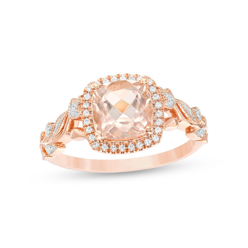 6.0mm Cushion-Cut Morganite and 1/10 CT. T.W. Diamond Frame Leaf Shank Vintage-Style Engagement Ring in 10K Rose Gold