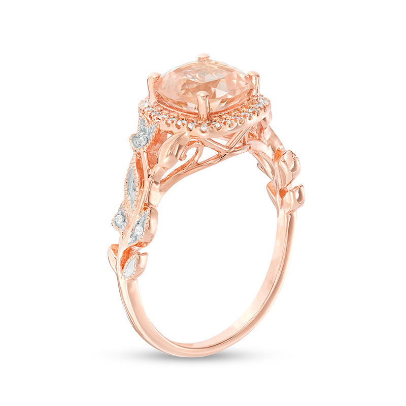 6.0mm Cushion-Cut Morganite and 1/10 CT. T.W. Diamond Frame Leaf Shank Vintage-Style Engagement Ring in 10K Rose Gold