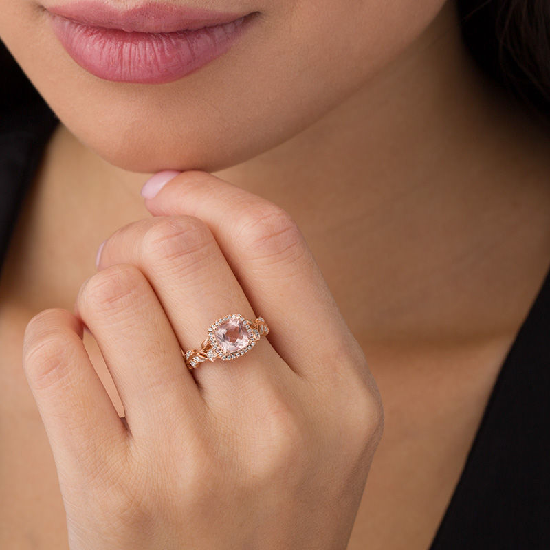 6.0mm Cushion-Cut Morganite and 1/10 CT. T.W. Diamond Frame Leaf Shank Vintage-Style Engagement Ring in 10K Rose Gold