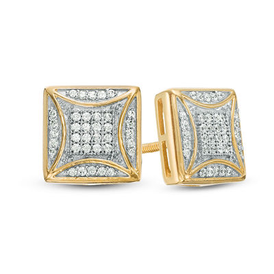 10kt Yellow Gold Mens Princess Yellow Color Enhanced Diamond Square Earrings 1/4 Cttw