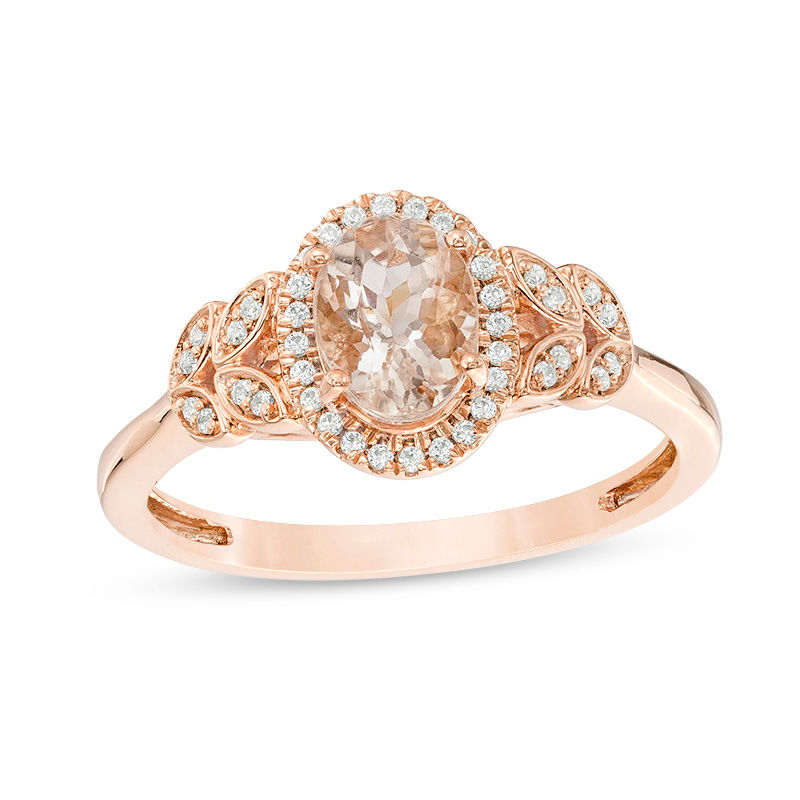 Main Image 1 of Oval Morganite and 1/10 CT. T.W. Diamond Frame Layered Leaf-Sides Engagement Ring in 10K Rose Gold