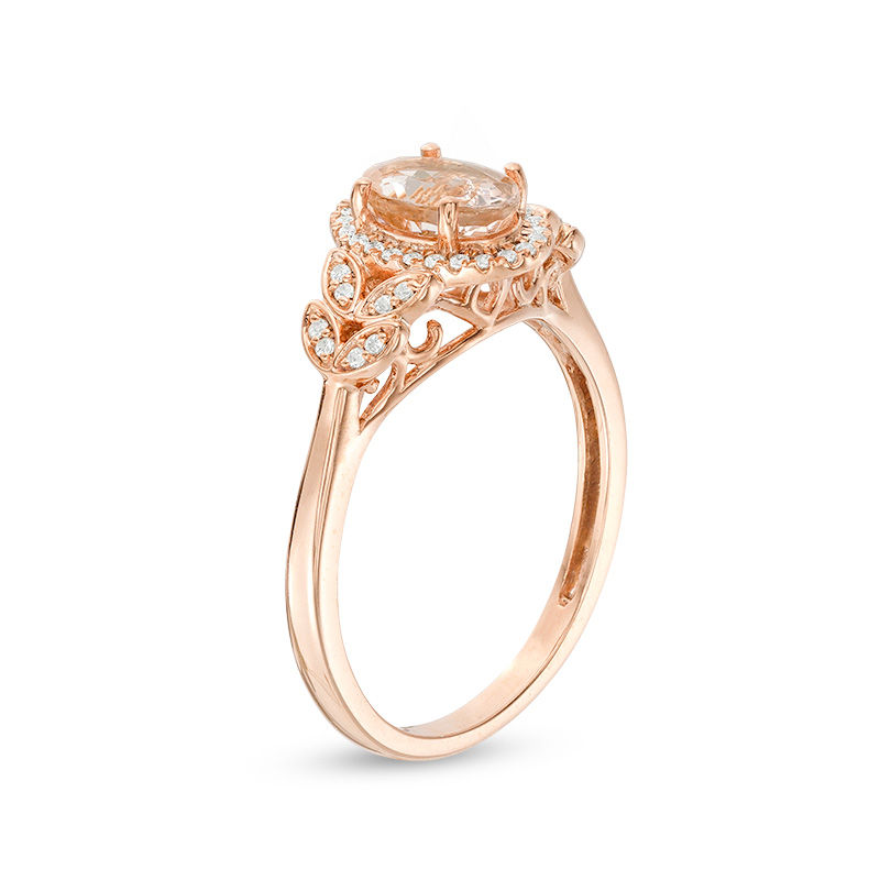 Main Image 2 of Oval Morganite and 1/10 CT. T.W. Diamond Frame Layered Leaf-Sides Engagement Ring in 10K Rose Gold