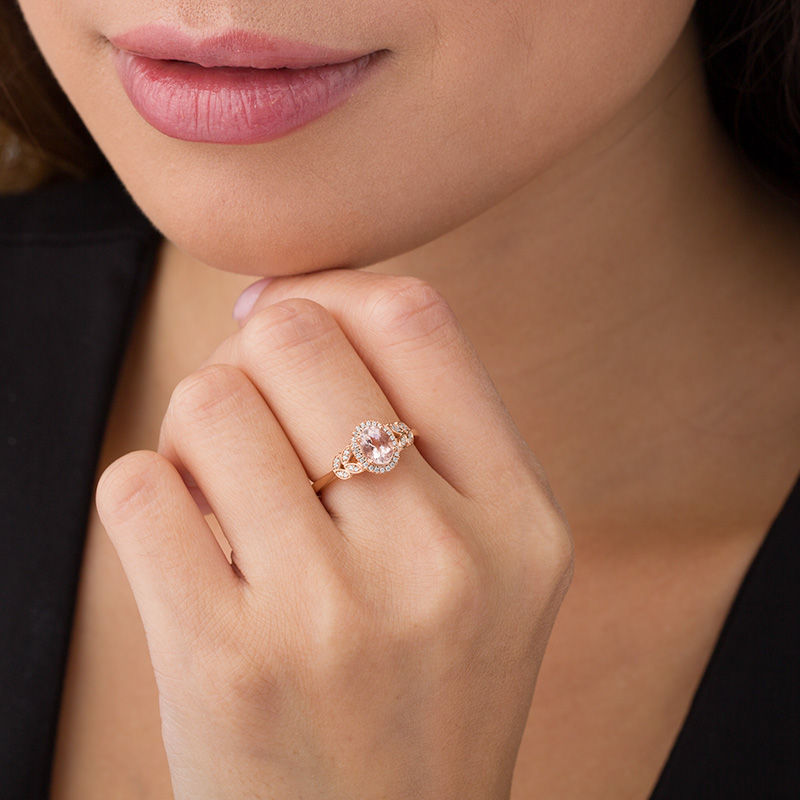Main Image 3 of Oval Morganite and 1/10 CT. T.W. Diamond Frame Layered Leaf-Sides Engagement Ring in 10K Rose Gold