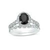 Thumbnail Image 0 of Oval Black Sapphire and 1/5 CT. T.W. Diamond Quatrefoil Frame Vintage-Style Bridal Set in 10K White Gold