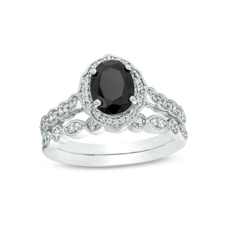 Oval Black Sapphire and 1/5 CT. T.W. Diamond Quatrefoil Frame Vintage-Style Bridal Set in 10K White Gold