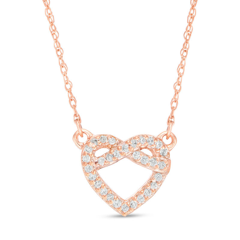 Main Image 1 of 1/15 CT. T.W. Diamond Pretzel Love Knot Heart Necklace in 10K Rose Gold