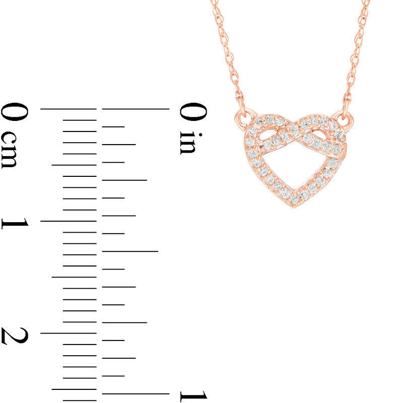 Main Image 3 of 1/15 CT. T.W. Diamond Pretzel Love Knot Heart Necklace in 10K Rose Gold