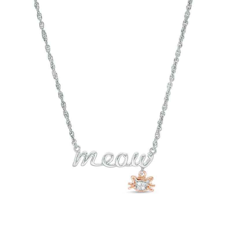 Main Image 1 of Diamond Accent "meow" and Cat Dangle Charm Necklace in Sterling Silver and 10K Rose Gold