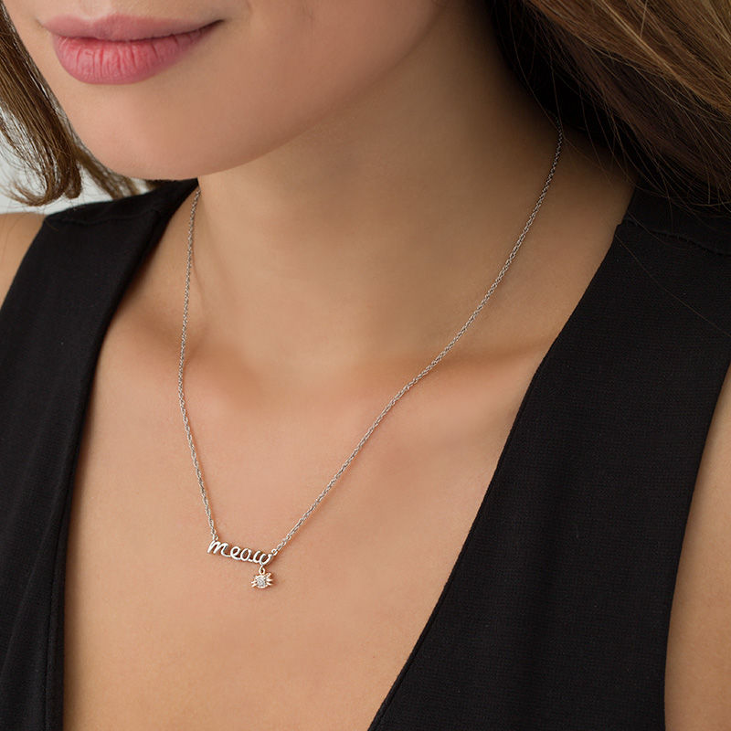 Main Image 2 of Diamond Accent "meow" and Cat Dangle Charm Necklace in Sterling Silver and 10K Rose Gold