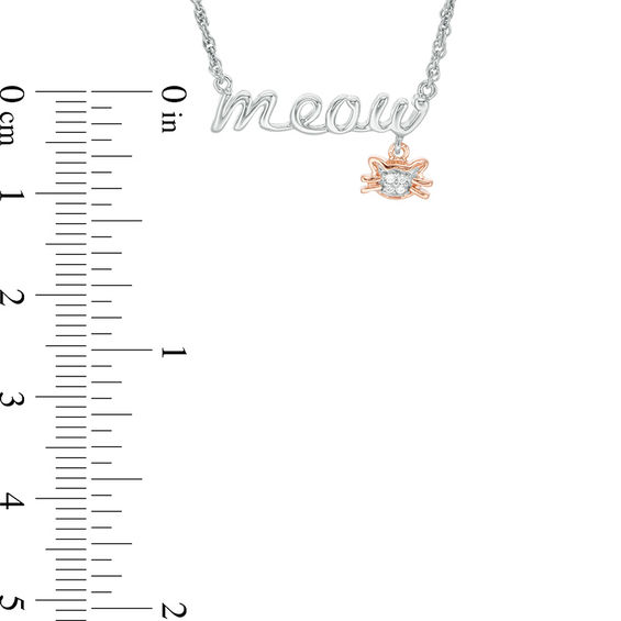 Diamond Accent "meow" and Cat Dangle Charm Necklace in Sterling Silver and 10K Rose Gold