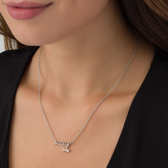 Diamond Accent "woof" and Dog Bone Dangle Necklace in Sterling Silver and 10K Rose Gold