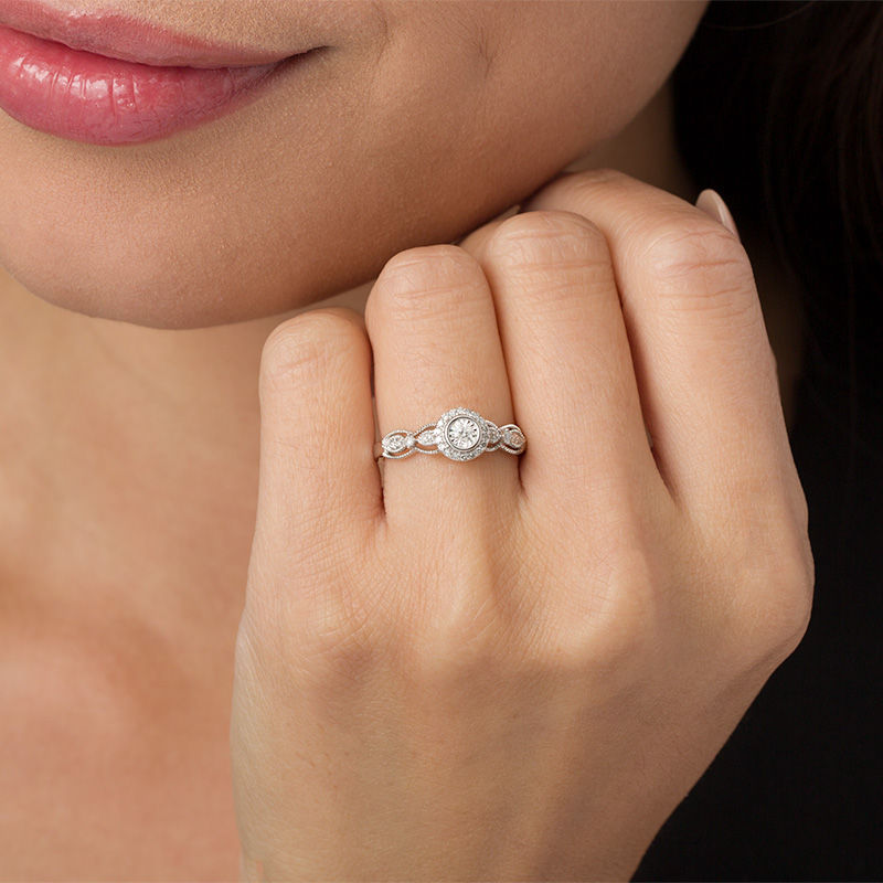 Main Image 3 of 1/6 CT. T.W. Diamond Frame Vintage-Style Engagement Ring in 10K White Gold