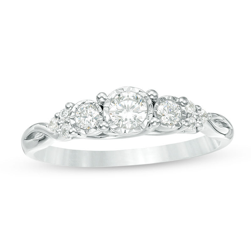 Main Image 1 of 1/3 CT. T.W. Diamond Past Present Future® Tri-Sides Twist Shank Engagement Ring in 10K White Gold