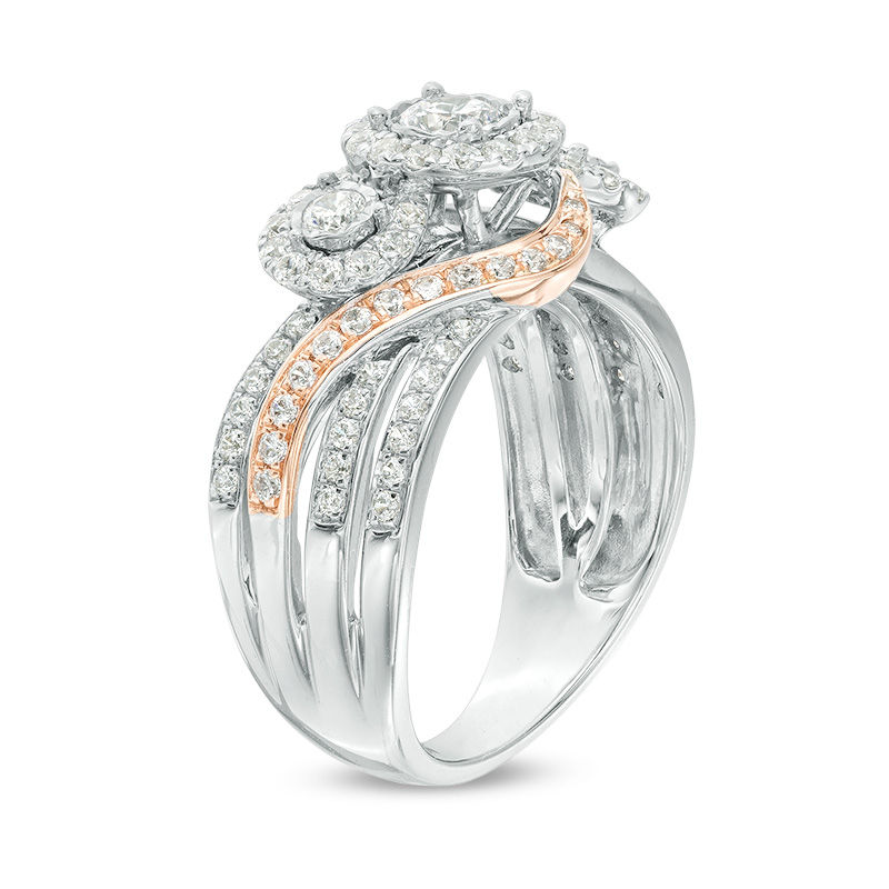 Main Image 2 of 1 CT. T.W. Diamond Past Present Future® Frame Bypass Multi-Row Engagement Ring in 10K Two-Tone Gold